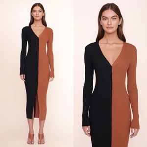 STAUD Shoko Colorblock Sweater Midi Dress S Tan Black Ribbed Knit Button Down